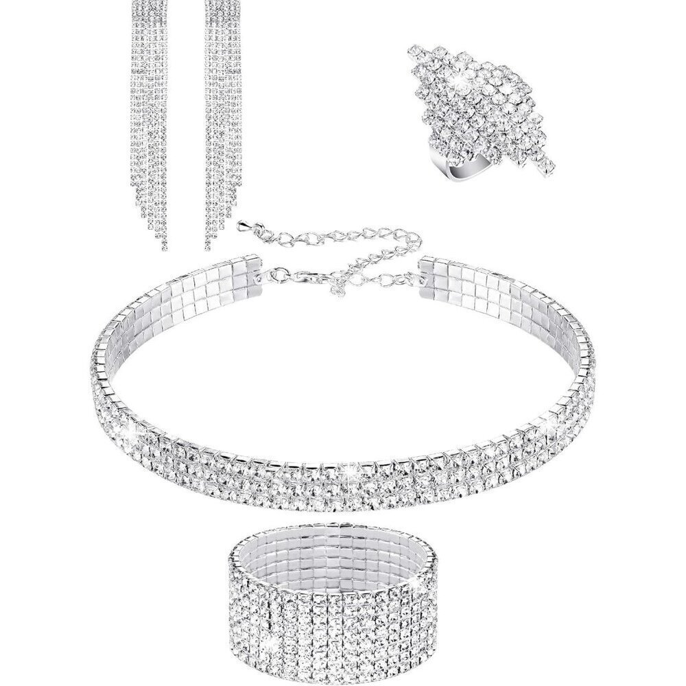 Women Rhinestone Jewelry Set Necklace Bracelet Ring Earrings Formal Casual